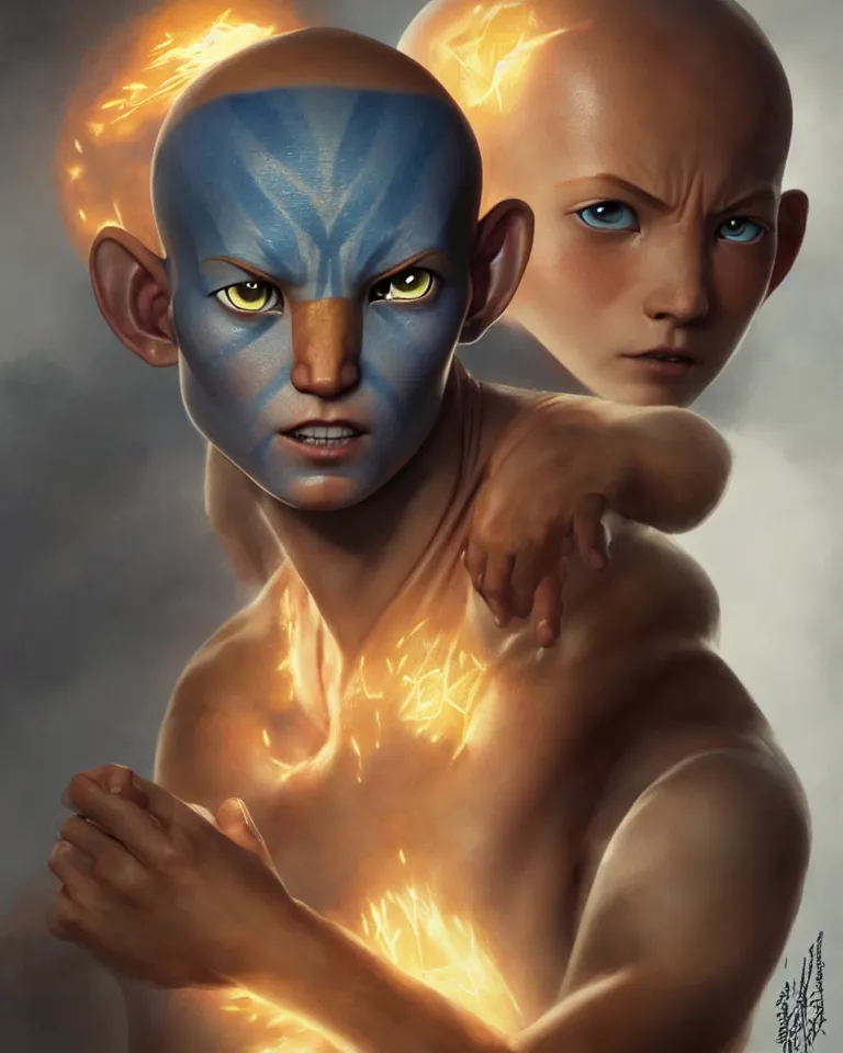 Image similar to avatar aang glowing tattoo,digital art,ultra realistic,ultra detailed,art by greg rutkowski sacha goldberger,hyperdetailed,detailed face,professional lighting,dramatic,3 point lighting