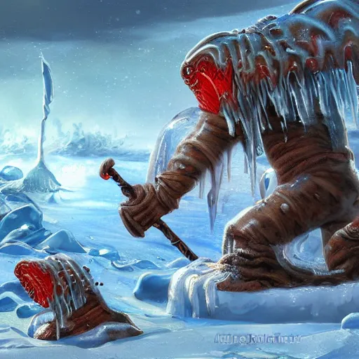 Prompt: a giant jello worm attacks warriors in a icy desert, ice, snow, cold, by the tony sart, artstation