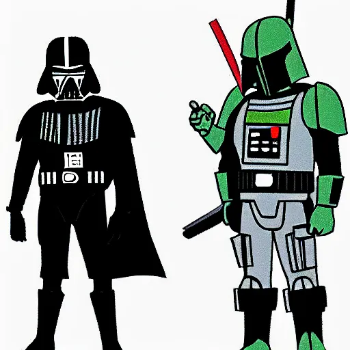 Prompt: cartoon of darth vader and boba fett standing proudly shoulder to shoulder