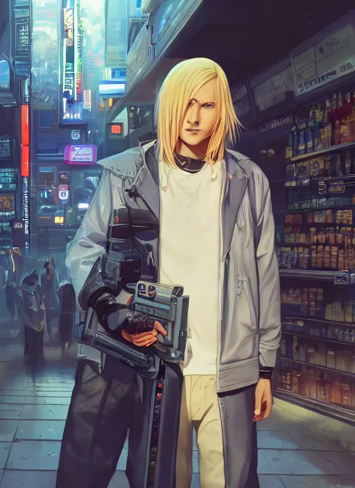 Image similar to cyberpunk beautiful blonde teenage boy hitman standing in front of a convenience store, futuristic beautiful, detailed portrait, cell shaded, 4 k, concept art, by wlop, ilya kuvshinov, artgerm, krenz cushart, greg rutkowski, pixiv. cinematic dramatic atmosphere, sharp focus, volumetric lighting, cinematic lighting, studio quality