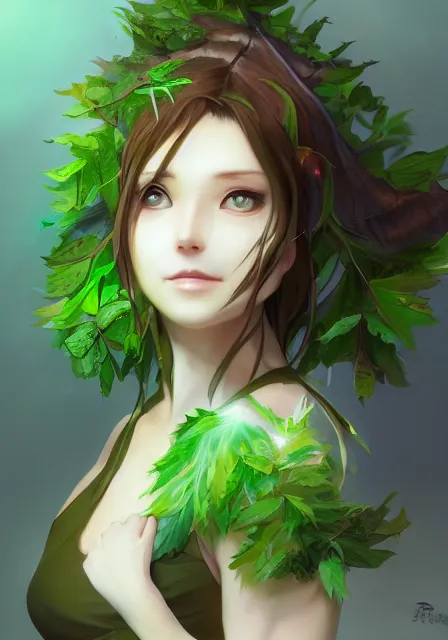 Image similar to A realistic anime portrait of a handsome fat dryad with glowing green eyes and tree bark skin wearing clothes made of leaves, digital painting, by Stanley Artgerm Lau, Sakimichan, WLOP and Rossdraws, digtial painting, trending on ArtStation, SFW version