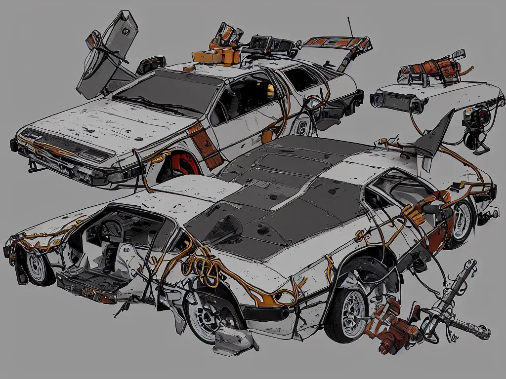 Image similar to a rusty delorean in the style of madd maxx with attached weapons