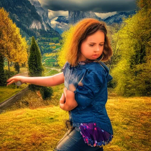 Image similar to a beautiful photograph of a girl with switzerland landscape in the background with trees, hdr, 8 k, high quality, sharp focus, artstation, highly detailed, award - winning, dramatic lighting, beautiful clouds, and nature