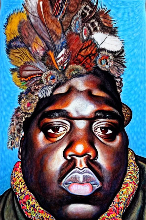 Image similar to full body!! a portrait of biggie smalls aka notorious b. i. g. wearing boho - chic style clothes, with a fur muffler and feathers, realistic painting in egon schiele style, masterpiece, hyperdetailed, complex, intricate, 4 k, hyperrealistic, trending on artstation