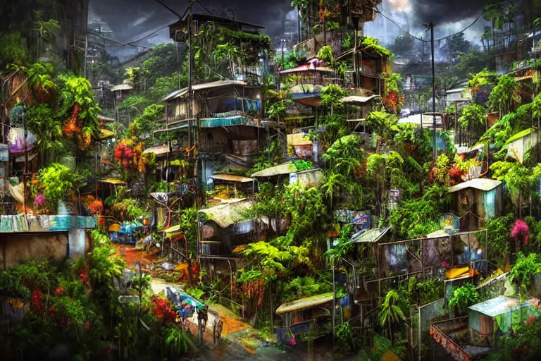 Image similar to favela winding cybernetic thrill ride, lush floral jungle environment, blooms, industrial factory, somber, apocalyptic, award winning art, epic dreamlike fantasy landscape, ultra realistic,