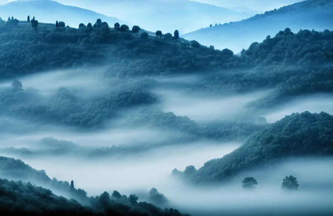 Prompt: umbrian hills dissolving into mist under a limpid blue sky result is a sophisticated interplay between warm, cool, light and dark colors. rockery intact flawless ambrotype from 4 k criterion collection remastered cinematography gory horror film, ominous lighting, evil theme wow photo realistic postprocessing by jan urschel directed by kurosawa