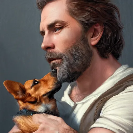 Image similar to portrait of a young, ruggedly handsome man holding a corgi dog, soft hair, muscular, half body, cloth, hairy, d & d, fantasy, intricate, elegant, highly detailed, digital painting, artstation, concept art, smooth, sharp focus, illustration, art by artgerm and greg rutkowski and alphonse mucha