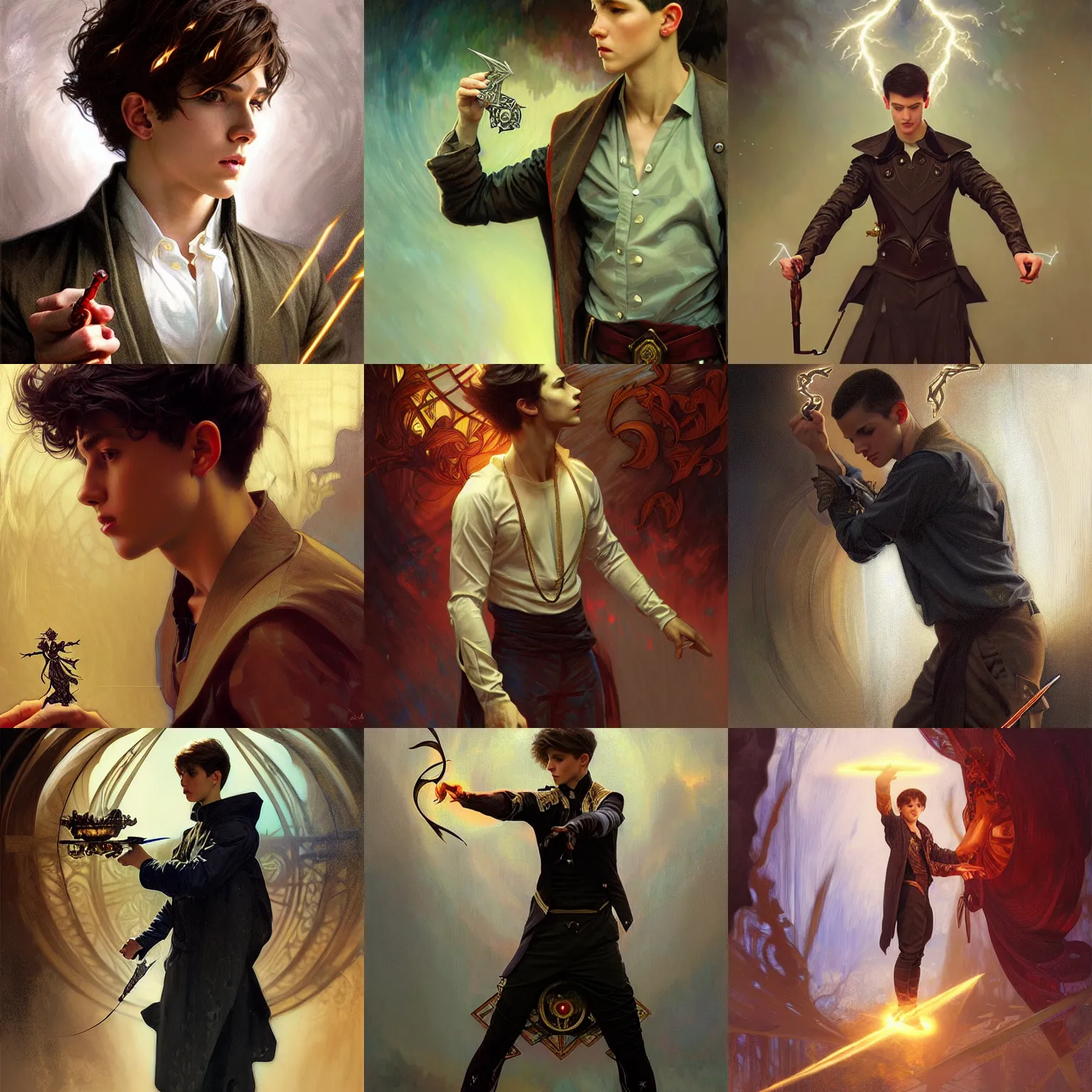 Prompt: young male magician casting a lightening gun spell, fantasy, intricate, elegant, highly detailed, digital painting, artstation, concept art, smooth, sharp focus, illustration, art masterpiece by art by Krenz Cushart and Artem Demura and alphonse mucha, ArtGerm, Jon Lothian, Danilo Torres, Adi Meyers, Thomas Reimann