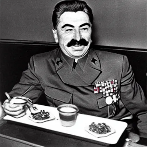 Image similar to joseph stalin enjoying a happy meal at mcdonald's