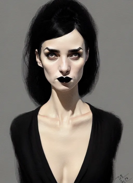 Prompt: portrait of an awkward woman with a crooked nose and a confident expression, 1 9 6 0 s, black clothes, goth, punk, funk, intricate, elegant, highly detailed, digital painting, artstation, concept art, smooth, sharp focus, illustration, art by wlop, mars ravelo and greg rutkowski