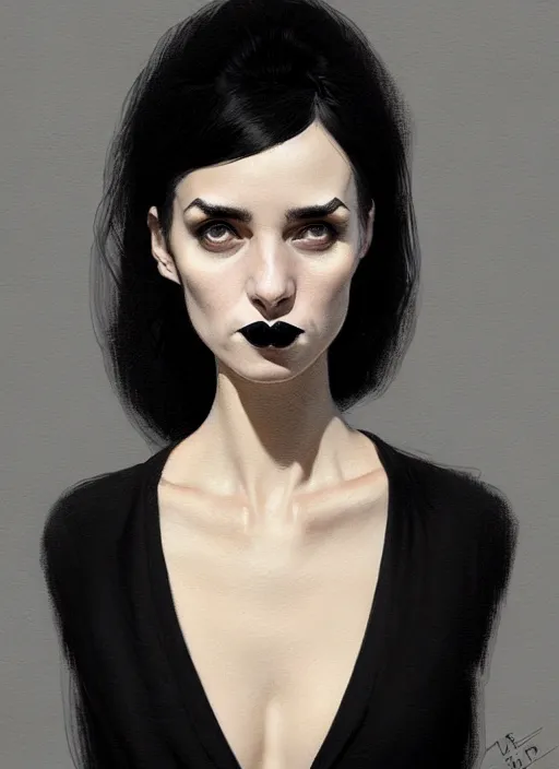 Image similar to portrait of an awkward woman with a crooked nose and a confident expression, 1 9 6 0 s, black clothes, goth, punk, funk, intricate, elegant, highly detailed, digital painting, artstation, concept art, smooth, sharp focus, illustration, art by wlop, mars ravelo and greg rutkowski