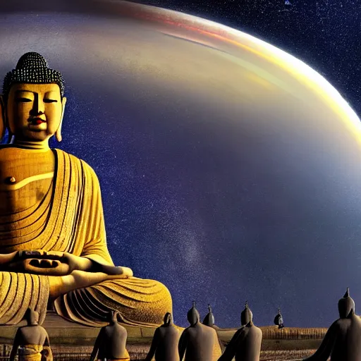 Image similar to all of the planets revolving around a giant Buddha, beautiful, oil on canvas, intricate, 8k highly professionally detailed, HDR, CGsociety