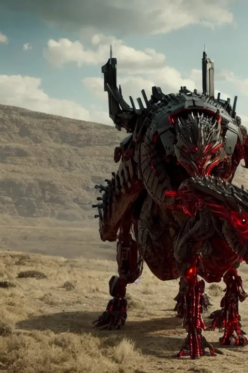 Image similar to cinematic still of westworld, a full body red si - fi robotic fantasy dragon, well armored mech dragon, highly detailed