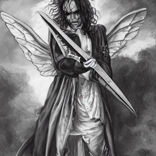 Prompt: frank dillane fighting a winged succubus with a guitar crossbow, victorian england, old english garb, gothic, horror, scary, badass, realistic, detailed, trending on artstation, handsome