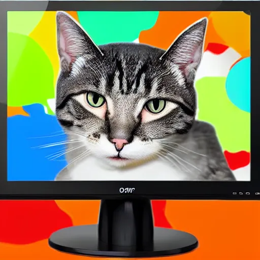 Image similar to computer monitor with a cat stuck inside, surreal, colorful