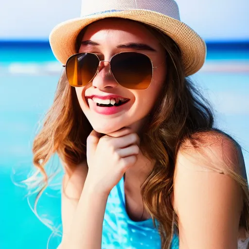 Prompt: young beautiful happy woman on vacation wearing summer hat and fashionable sunglasses.