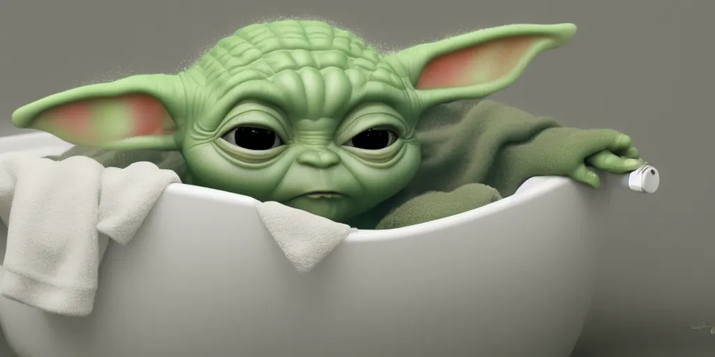 Prompt: Baby Yoda sitting in a tub taking a bubble bath, hyperdetailed, artstation, cgsociety, 8k