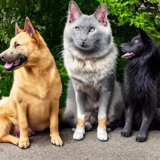 Prompt: a yellow shepherd mixed dog, sitting next to a russian blue cat sitting next to a black and white cow cat