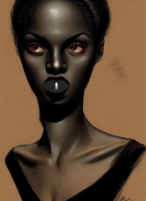 Image similar to portrait of a dark skinned woman with a crooked nose and a confident expression, 1 9 6 0 s, black clothes, goth, punk, funk, intricate, elegant, highly detailed, digital painting, artstation, concept art, smooth, sharp focus, illustration, art by wlop, mars ravelo and greg rutkowski