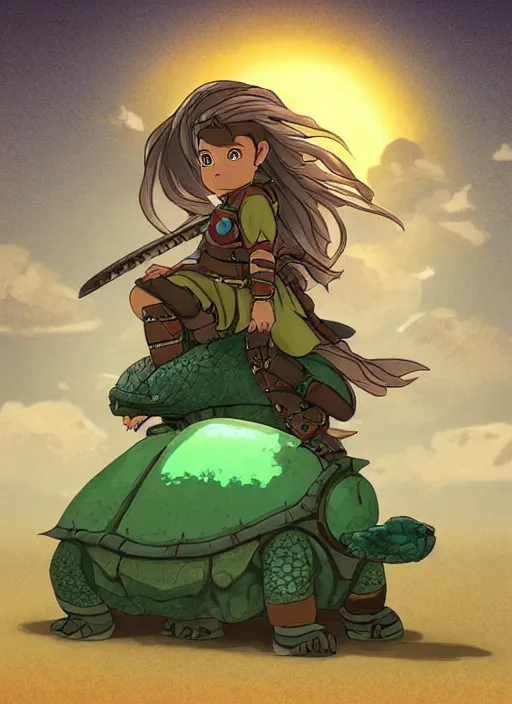 Image similar to portrait of a little warrior girl character sitting on top of a giant armored turtle in the desert, studio ghibli epic character with dark skin and beautiful green eyes, very beautiful detailed symmetrical face, long black hair, bright colors, diffuse light, dramatic landscape, fantasy illustration