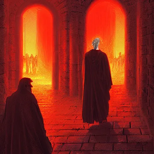 Image similar to Dante Alighieri and the poet Virgil walking through the gates of hell, by Marc Simonetti