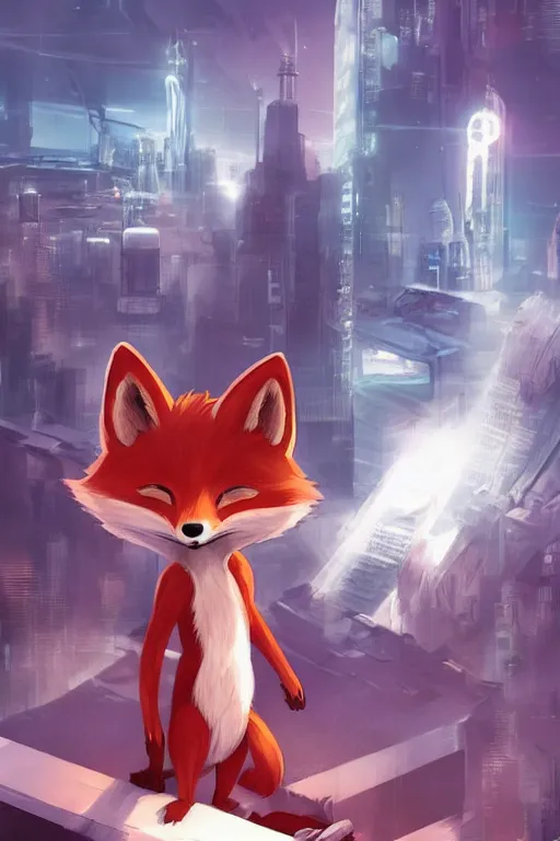 Image similar to an anthropomorphic fox with a fluffy tail staring over a futuristic city from the top of a roof, comic art, trending on furaffinity, cyberpunk, backlighting, cartoon