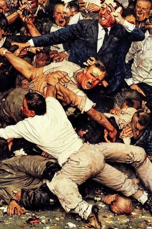 Prompt: Emmanuel Macron beating up rioters on the ground by Norman Rockwell