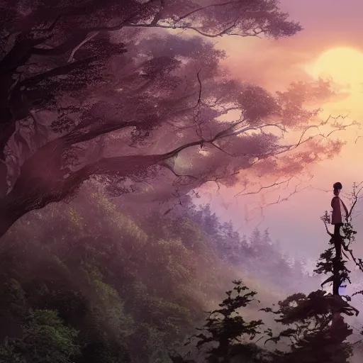 Image similar to ghost spirit, forest, standing on a tree top, 4 k, artgerm, high detail, dramatic lighting, sunset, hayao miyazaki, masashi ando, nizou yamamoto, kazuo oga, joe hisaishi, yoji takeshige, naoya tanaka