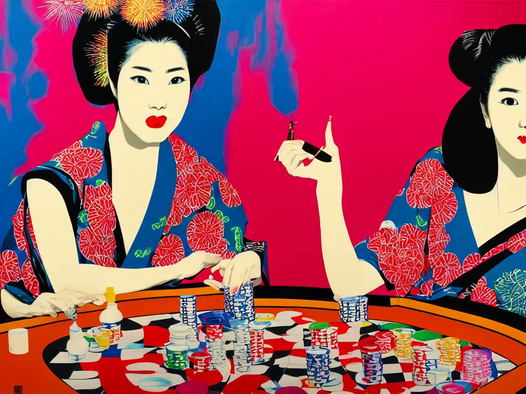 Image similar to hyperrealism composition of the detailed woman in a japanese kimono sitting at a poker table with predaror, fireworks on the background, pop - art style, jacky tsai style, andy warhol style, acrylic on canvas