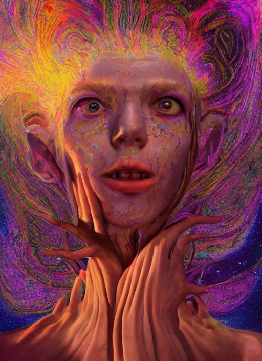 Image similar to portrait ultra dimensional cult girl shaman, accidentally tripping on dmt and acid, psychedelic experience, ascending through the fifth dimension moving at the speed of light and sitting still, ultra high definition, unreal engine 5, hyperrealism, masterpiece composition, by peter kemp, casey weldon, barclay shaw