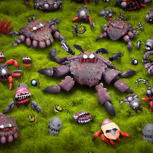 Image similar to voidless of the festival!, The Graveyard, large group of crabs and worms, crawling along a bed of moss, low poly, creeper world, handcrafted, artstation, hyperrealistic, hard light, best practices, creeptastic, photorealism, macro perspective, cuddly