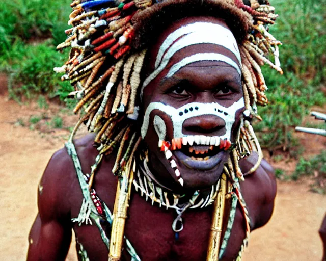 Image similar to zulu tribal warrior made out of teeth, american in a cage