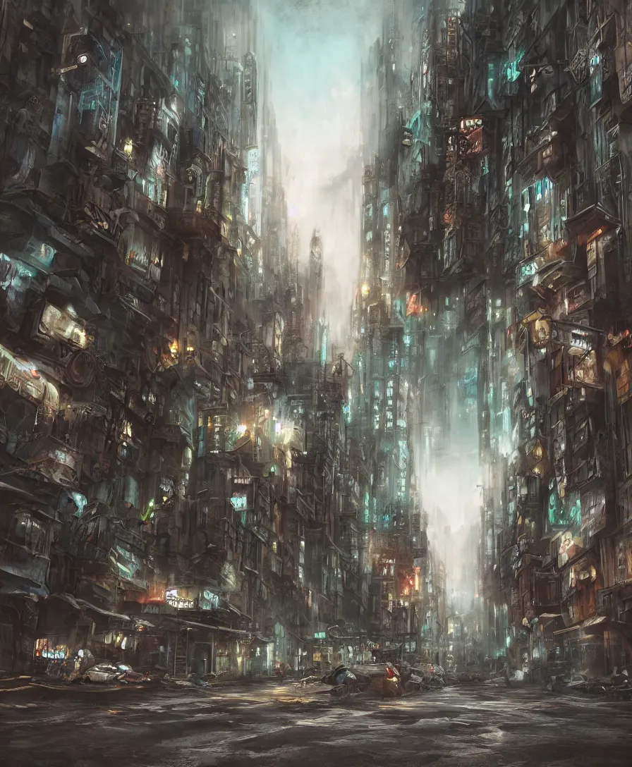 Prompt: concept art matte painting pastels cinematic epic breathtaking urban decay grunge city street