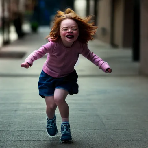 Prompt: portrait of midget emma stone running down a sidewalk, sharp focus, 4 k editorial photograph, soft lighting