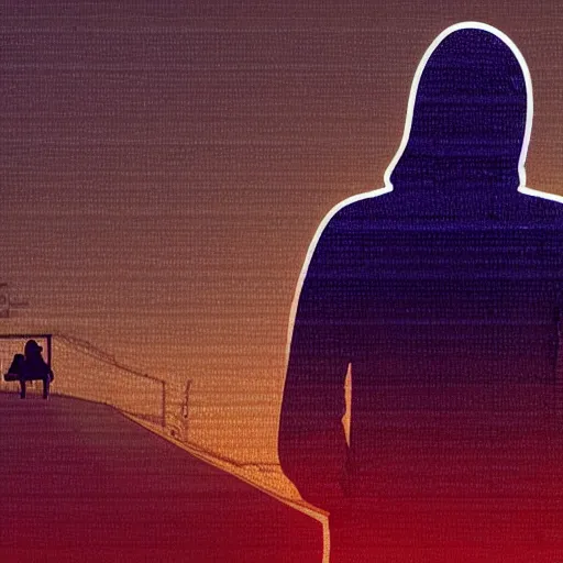 Image similar to digital art cyberpunk landscape silhouette of young man in a hoodie in the foreground