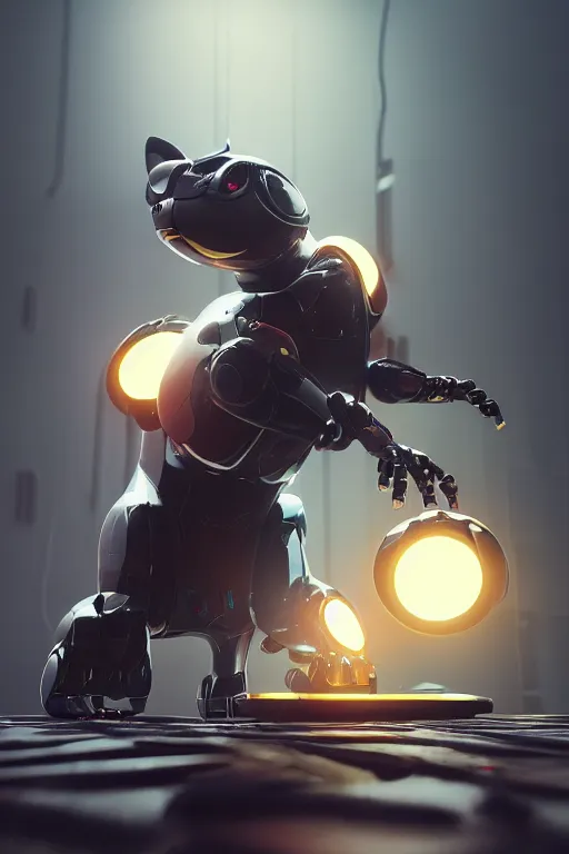 Image similar to portrait of a robotic cat eating a computer mouse. cinematic, cyberpunk, digital art, blender, octane render, volumetric lighting, 8 k, detailed, trending on artstation