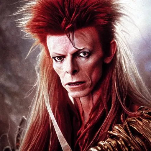 Image similar to David Bowie as the Goblin King from the movie Labyrinth (1986), intricate, highly detailed, fullbody, artstation, concept art, smooth, sharp focus, illustration, art by greg rutkowski and orientalism and bouguereau and Zdzislaw Beksinski, good clear quality, lighting, biology, symmetrical artwork, perfect face, 135 mm, cinematic, hyper realism, high detail, octane render, 8k, chrome accents