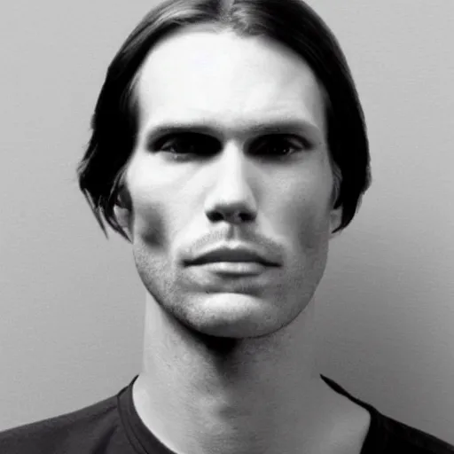 Image similar to A mugshot portrait of a man who looks like Jerma985 with short length wavy hair, a combover and wearing late 1970s menswear in the late 1970s, taken in the late 1970s, grainy, realistic, hyperrealistic, very realistic, highly detailed, very detailed, extremely detailed, detailed, trending on artstation, front facing, front view, headshot and bodyshot, detailed face, very detailed face