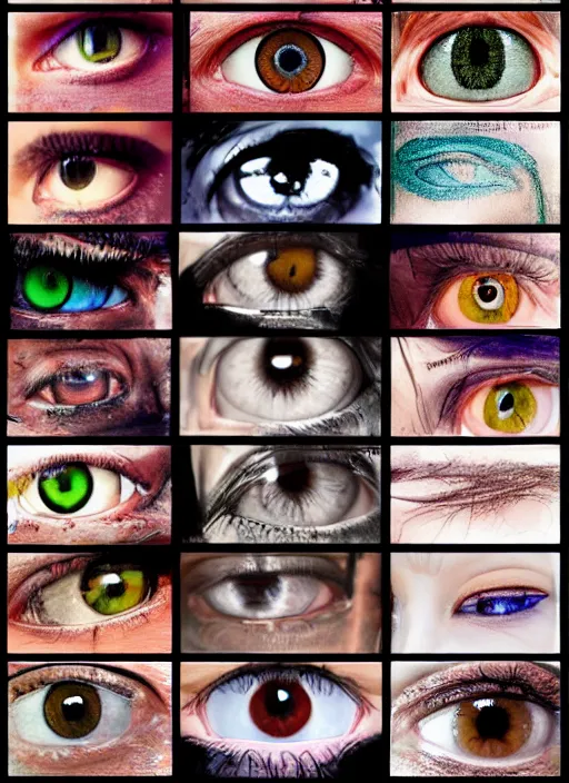 Image similar to grid montage of eyes, detailed colored textures, eyelashes, advanced art, art styles mix, from wikipedia, wet reflections in eyes, sunshine light, hd macro photograph, from side, various eyelid positions, black pupil centered