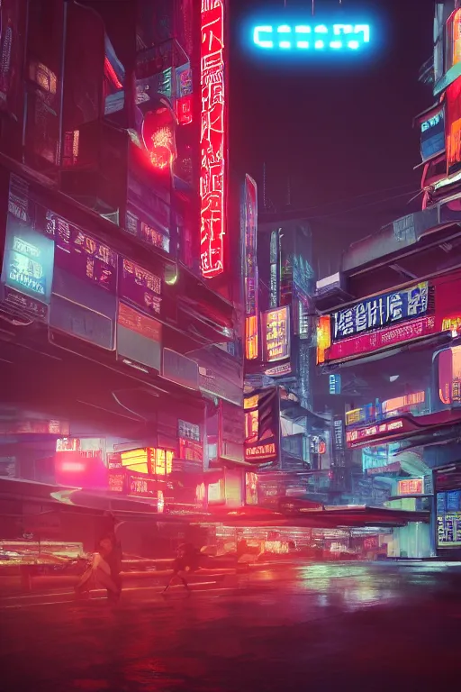 Image similar to Futuristic Asian city at night with rain, Cyberpunk style, Motorcycle, Neon lights, Matte paiting, cinematic lighting, corona render, smoke, light rays, 8k