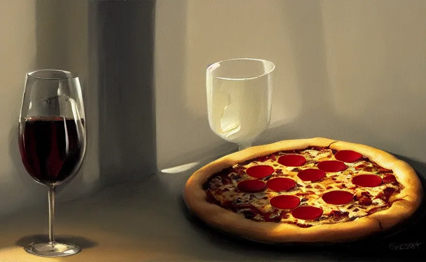 Prompt: A painting of a glass of fine wine and a pizza trending on artstation in the style of Greg Rutkowski