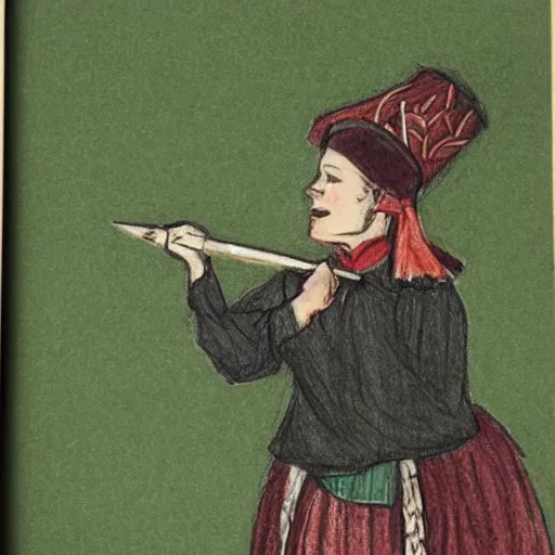 Prompt: dark green pencil sketch of a norwegian woman in traditional dress blowing a long vuvuzela towards a distant pine forest