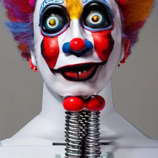 Image similar to uhd candid photo of a robot clown wearing bizarre clown makeup, with accurate face, intricate clown costume, uhd, studio lighting, correct face, photo by annie leibovitz