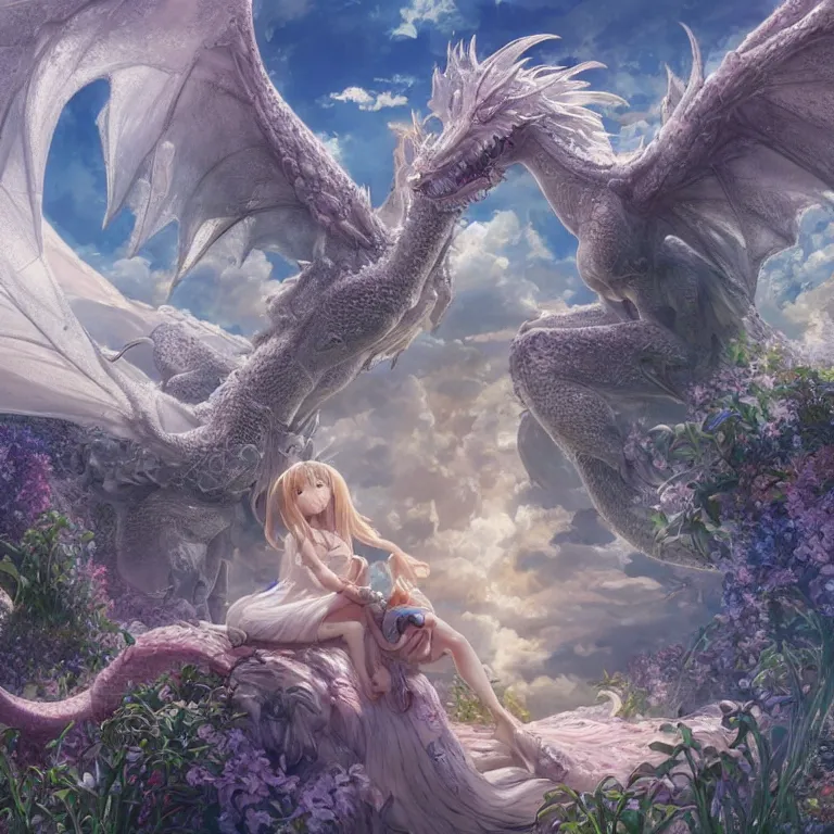 Image similar to the beautiful hyper detailed scene render that a lonely beautiful girl lies in the arms of a huge silver white dragon alone in fairyland surrounded by white clouds, finely detailed angelic face delicate features, style of studio ghibli, makoto shinkai, raphael lacoste, louis comfort tiffany, artgerm, james jean, ross tran, animation style, hd, ultra wide angle