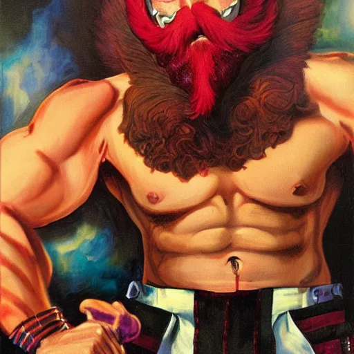 Image similar to a red bearded man wearing a purple luchadore mask and tuxedo, highly detailed, masterpiece, illustrated, art by boris vallejo
