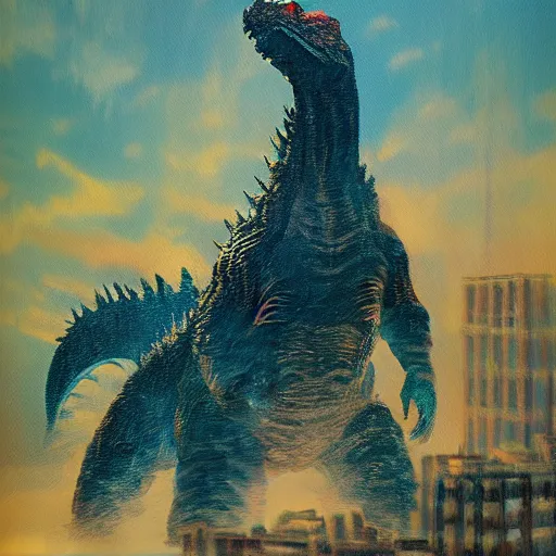 Image similar to impressionist painting of Godzilla in the style of Charles R. Knight