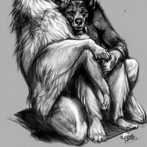 Image similar to two humanoid german shepherds beast - men, sitting on a couch and hugging together, artstation, concept art, smooth, sharp foccus ilustration, artstation