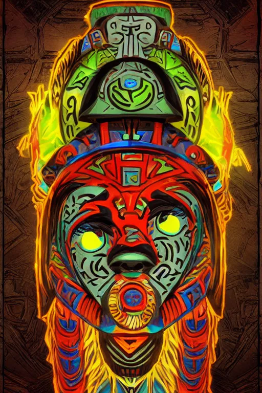 Image similar to totem animal tribal chaman vodoo mask feather gemstone plant video game illustration vivid color borderlands and by feng zhu radiating a glowing aura