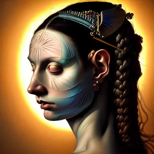 Image similar to Colour Caravaggio style Photography of Beautiful woman with highly detailed 1000 years old face wearing higly detailed sci-fi halo above head designed by Josan Gonzalez Many details. . In style of Josan Gonzalez and Mike Winkelmann andgreg rutkowski and alphonse muchaand Caspar David Friedrich and Stephen Hickman and James Gurney and Hiromasa Ogura. Rendered in Blender, volumetric natural light