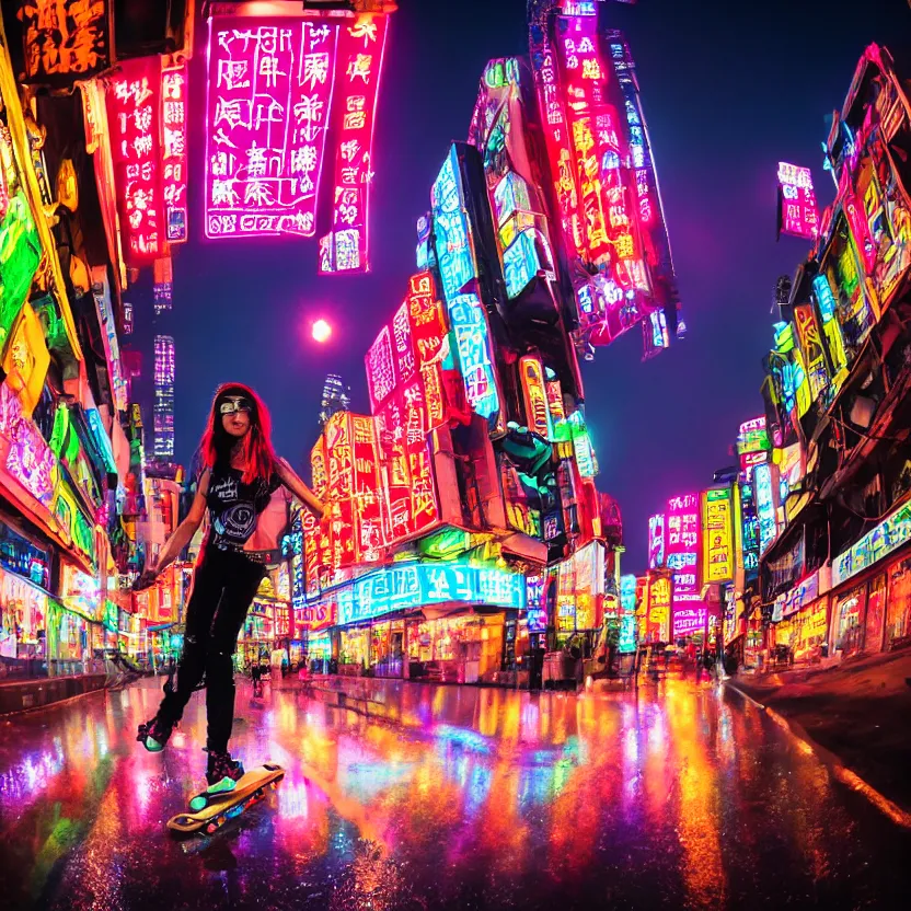 Prompt: photograph of punk girl skateboarding in the city, chinese neon signs, cyberpunk buildings, wet roads at night reflecting the lights from buildings, studio lighting, cloudy night sky, bright neon colors, 4 k, fisheye